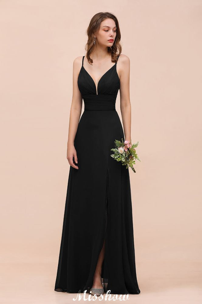 Vestido de dama de honor con escote en V doble y abertura frontal, vestido formal de fiesta para boda, negro