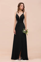 Vestido de dama de honor con escote en V doble y abertura frontal, vestido formal de fiesta para boda, negro