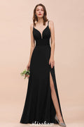 Vestido de dama de honor con escote en V doble y abertura frontal, vestido formal de fiesta para boda, negro