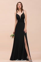 Vestido de dama de honor con escote en V doble y abertura frontal, vestido formal de fiesta para boda, negro