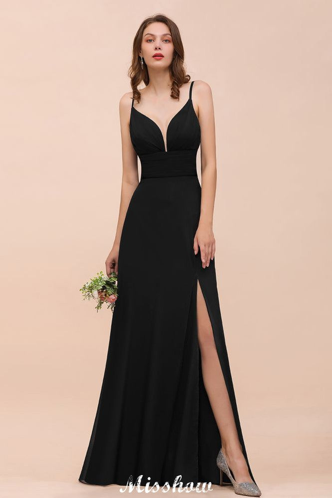 Vestido de dama de honor con escote en V doble y abertura frontal, vestido formal de fiesta para boda, negro