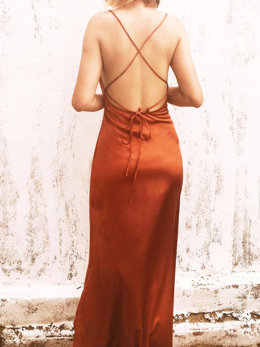 Draped Bronze Backless Mulberry Silk Cowl Neck Slip Dress