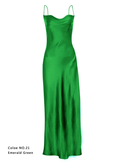 Draped Bronze Backless Mulberry Silk Cowl Neck Slip Dress