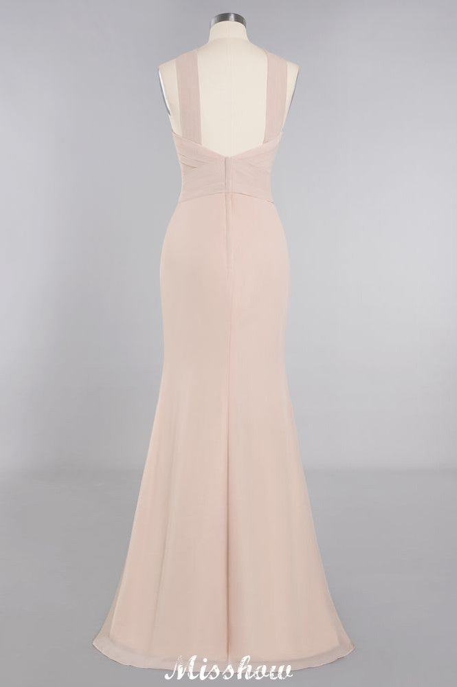 Vestido de dama de honor de sirena con cuello halter y corte entallado, largo hasta el suelo, de ensueño
