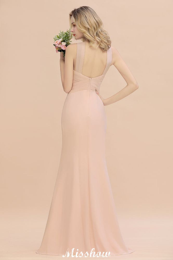 Vestido de dama de honor de sirena con cuello halter y corte entallado, largo hasta el suelo, de ensueño