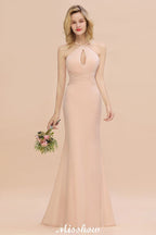 Vestido de dama de honor de sirena con cuello halter y corte entallado, largo hasta el suelo, de ensueño