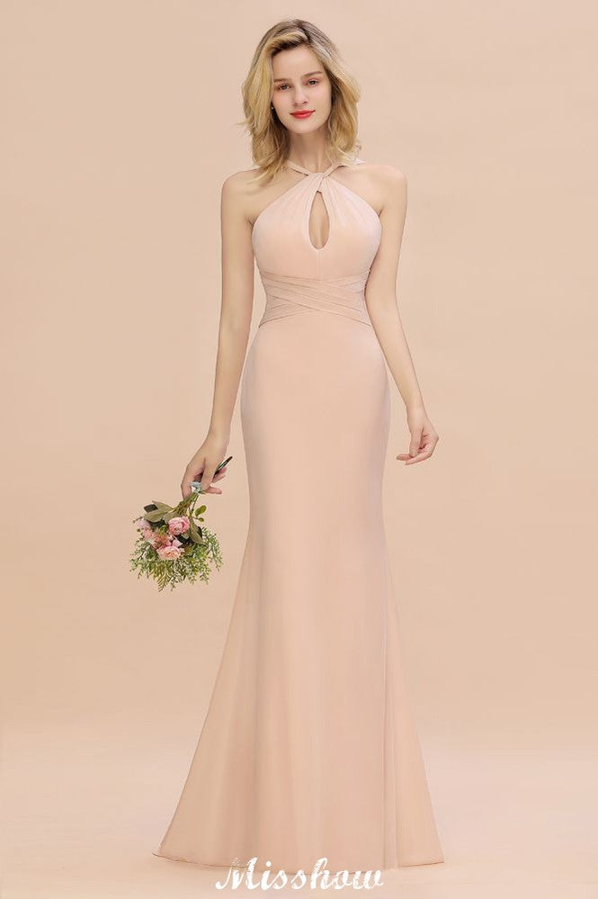 Vestido de dama de honor de sirena con cuello halter y corte entallado, largo hasta el suelo, de ensueño