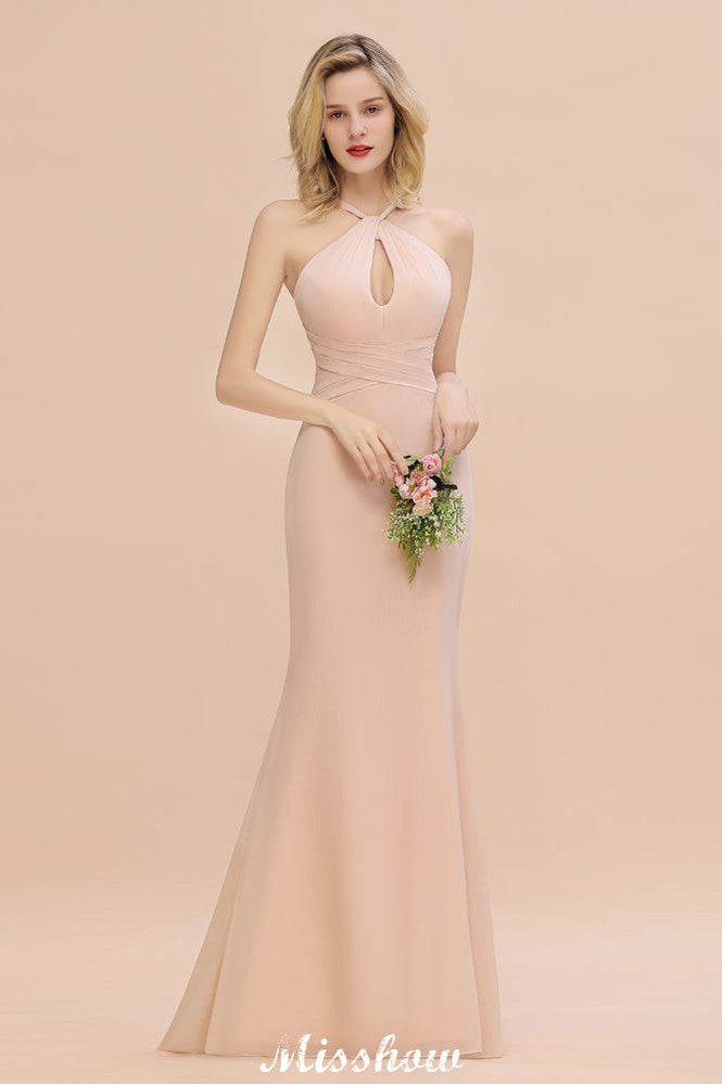 Vestido de dama de honor de sirena con cuello halter y corte entallado, largo hasta el suelo, de ensueño