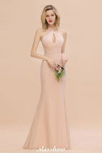 Vestido de dama de honor de sirena con cuello halter y corte entallado, largo hasta el suelo, de ensueño