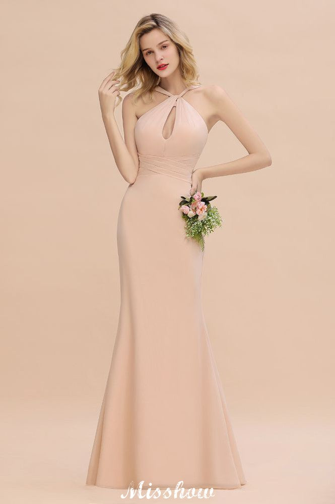 Vestido de dama de honor de sirena con cuello halter y corte entallado, largo hasta el suelo, de ensueño