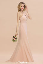 Vestido de dama de honor de sirena con cuello halter y corte entallado, largo hasta el suelo, de ensueño