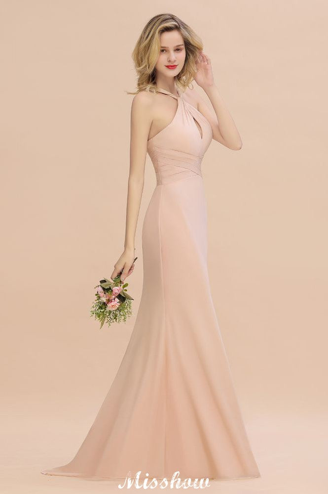 Vestido de dama de honor de sirena con cuello halter y corte entallado, largo hasta el suelo, de ensueño