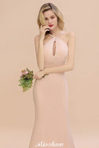 Vestido de dama de honor de sirena con cuello halter y corte entallado, largo hasta el suelo, de ensueño