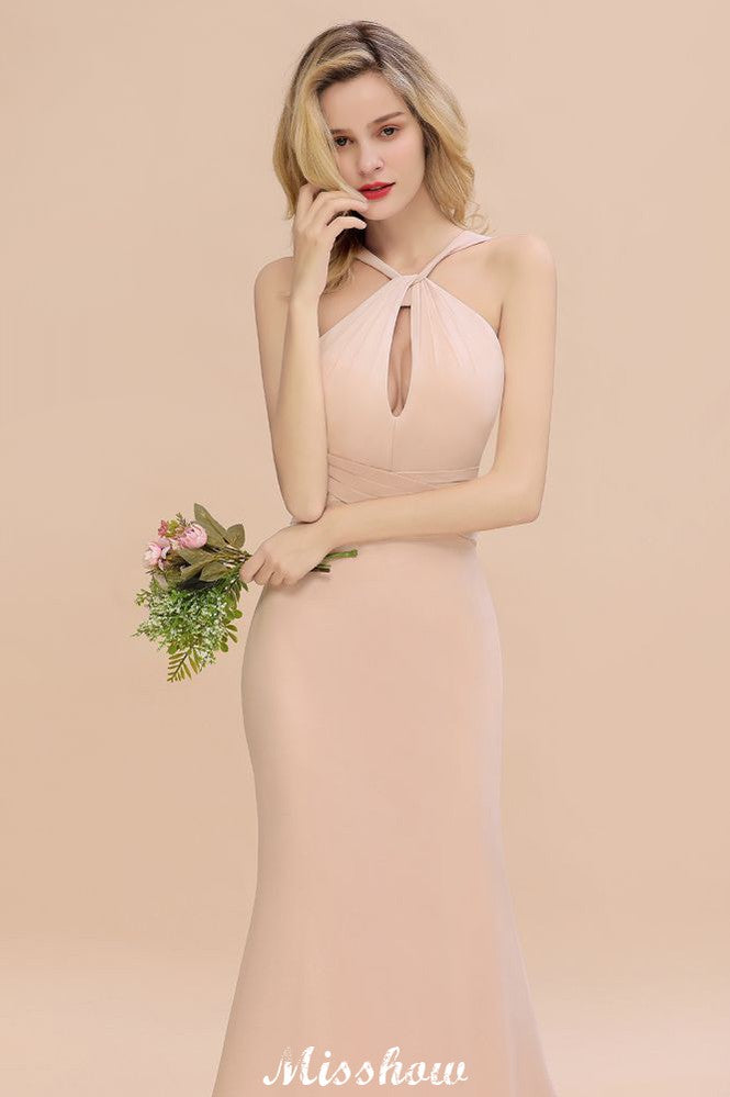 Vestido de dama de honor de sirena con cuello halter y corte entallado, largo hasta el suelo, de ensueño