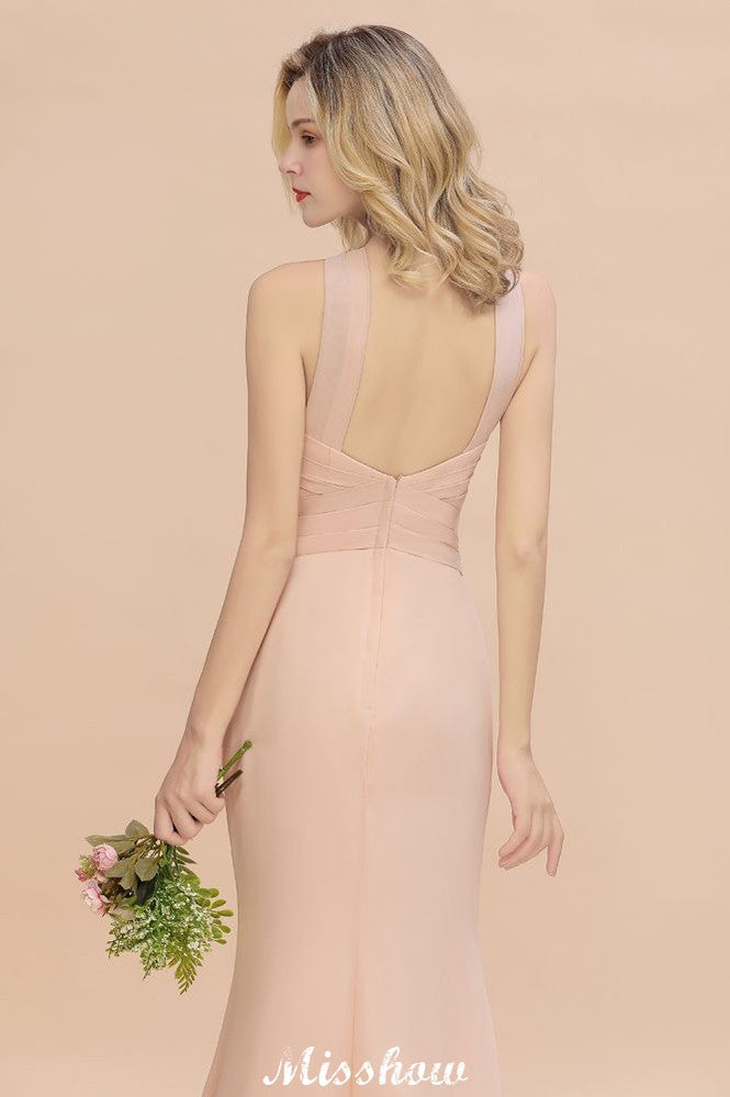 Vestido de dama de honor de sirena con cuello halter y corte entallado, largo hasta el suelo, de ensueño