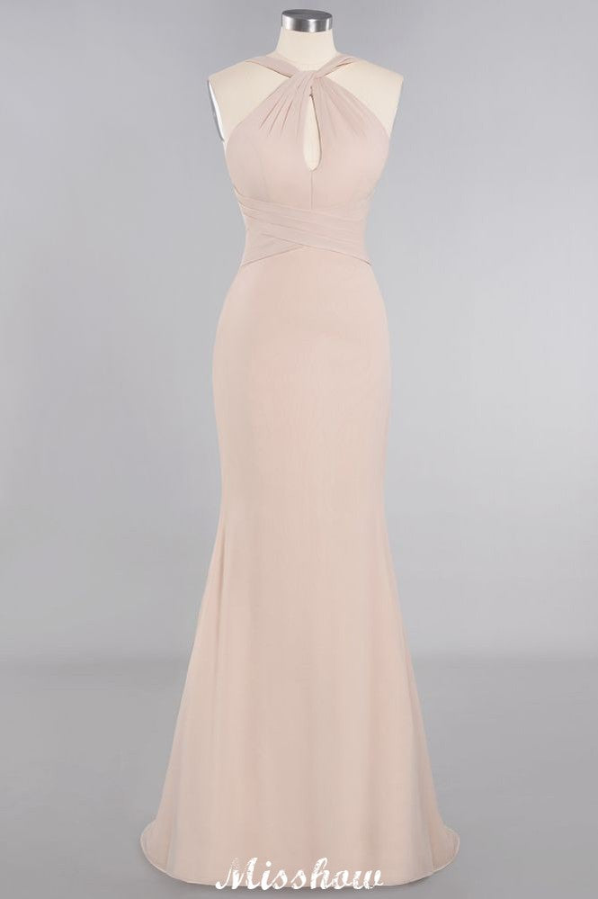 Vestido de dama de honor de sirena con cuello halter y corte entallado, largo hasta el suelo, de ensueño