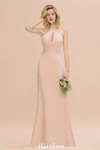 Vestido de dama de honor de sirena con cuello halter y corte entallado, largo hasta el suelo, de ensueño