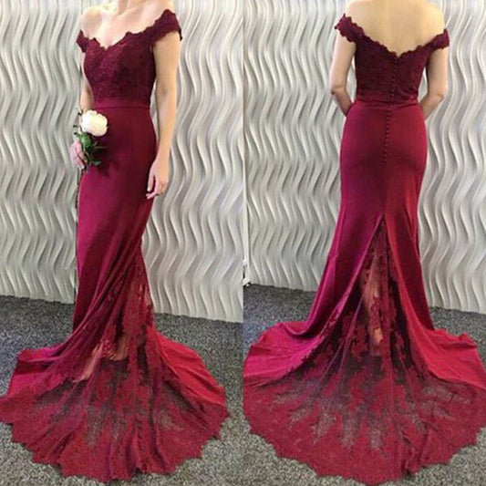 Lace Burgundy Bridesmaid Dress Off-the-Shoulder Mermaid Prom Dresses
