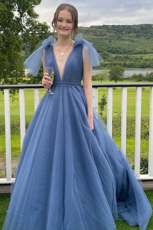 Dunkelblaues, tiefes V-Ausschnitt-Ballkleid in A-Linie mit Schleifenträgern
