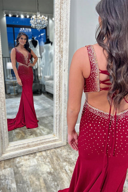 Katelyn | Meerjungfrau-Ballkleid aus Jersey mit Perlenbesatz und V-Ausschnitt