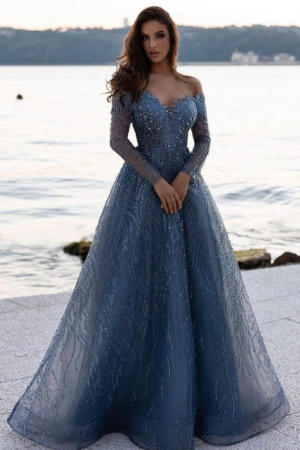 Vestido de fiesta azul polvoriento con lentejuelas, corte A, mangas largas y escote corazón