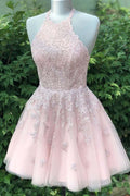 Vestido de fiesta de tul color rubor polvoriento con tirantes finos, escote en V y corte A PD359