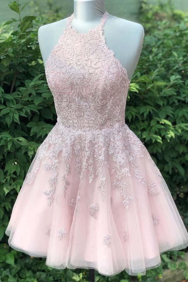 Vestido de fiesta de tul color rubor polvoriento con tirantes finos, escote en V y corte A PD359
