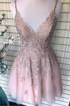 Vestido de fiesta de tul color rubor polvoriento con tirantes finos, escote en V y corte A PD359