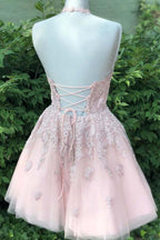 Vestido de fiesta de tul color rubor polvoriento con tirantes finos, escote en V y corte A PD359