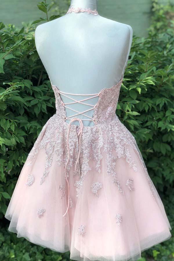 Vestido de fiesta de tul color rubor polvoriento con tirantes finos, escote en V y corte A PD359