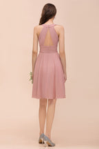 Vestido de dama de honor de gasa con cuello halter, color rosa polvoriento, hasta la rodilla