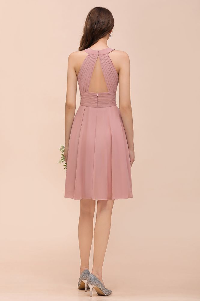 Vestido de dama de honor de gasa con cuello halter, color rosa polvoriento, hasta la rodilla