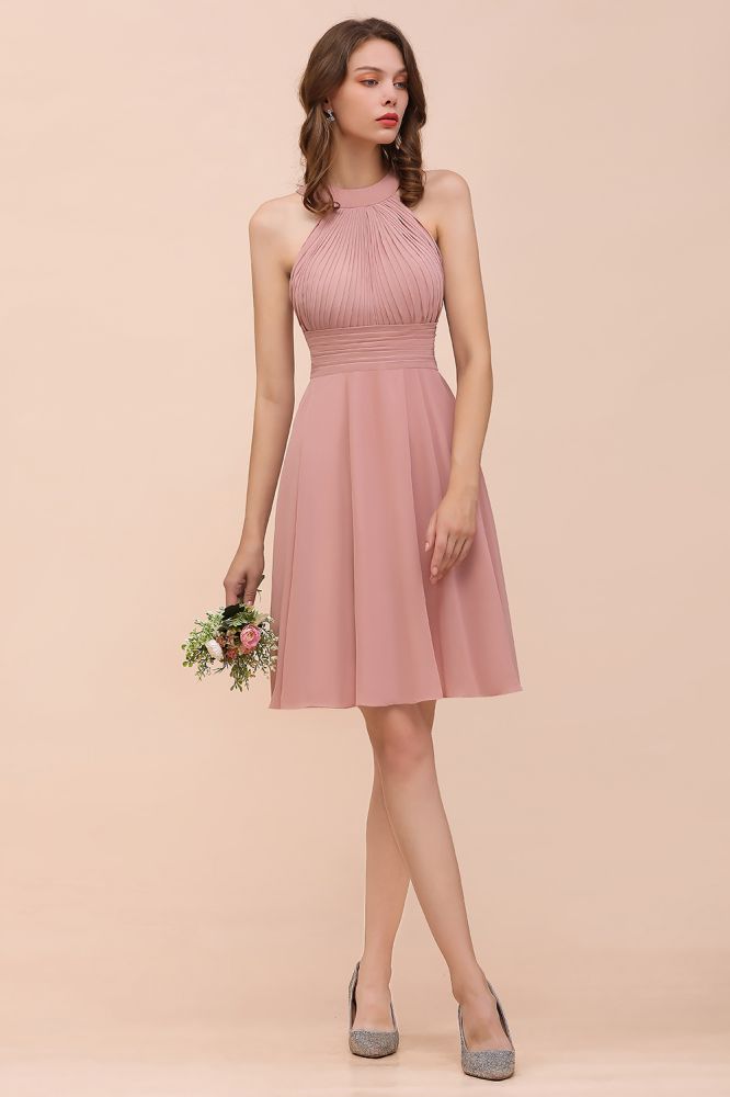 Vestido de dama de honor de gasa con cuello halter, color rosa polvoriento, hasta la rodilla