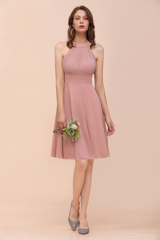 Vestido de dama de honor de gasa con cuello halter, color rosa polvoriento, hasta la rodilla