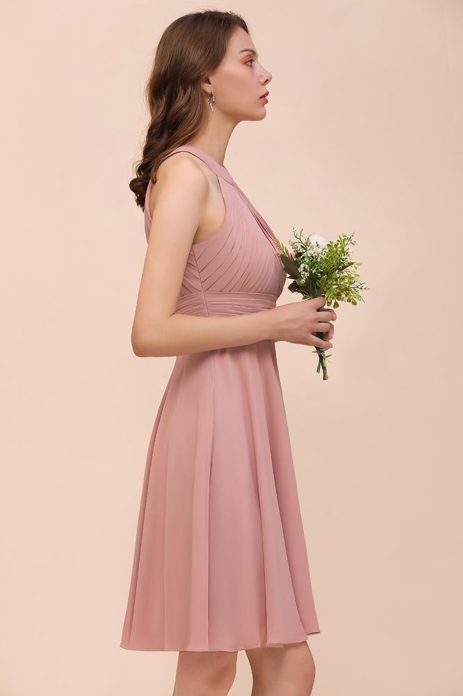 Vestido de dama de honor de gasa con cuello halter, color rosa polvoriento, hasta la rodilla