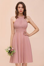 Vestido de dama de honor de gasa con cuello halter, color rosa polvoriento, hasta la rodilla