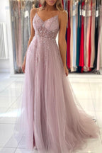 Vestido de fiesta largo rosa polvoriento con escote en V, tul brillante y abertura