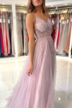 Vestido de fiesta largo rosa polvoriento con escote en V, tul brillante y abertura