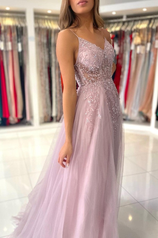 Vestido de fiesta largo rosa polvoriento con escote en V, tul brillante y abertura