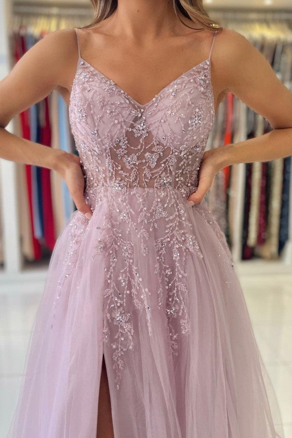 Vestido de fiesta largo rosa polvoriento con escote en V, tul brillante y abertura