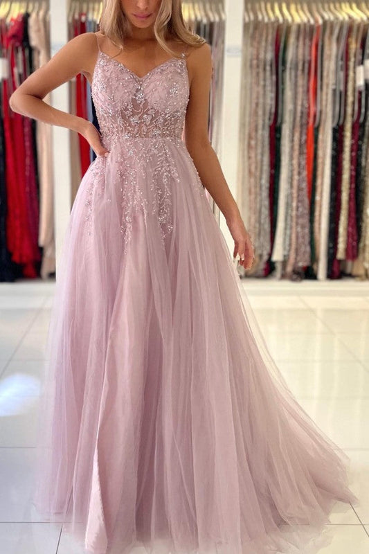 Staubiges, rosafarbenes, langes A-Linien-Ballkleid aus Tüll mit V-Ausschnitt und Schlitz