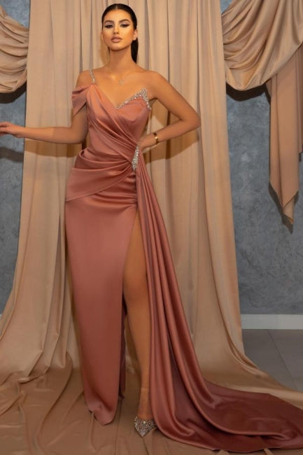 Vestidos de fiesta de sirena con abertura y un hombro largo con purpurina en color rosa polvoriento