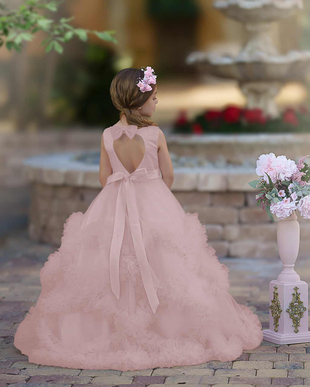 A-Linie Satin Tüll Bodenlang Kaskadierende Rüschen Blumenmädchenkleid