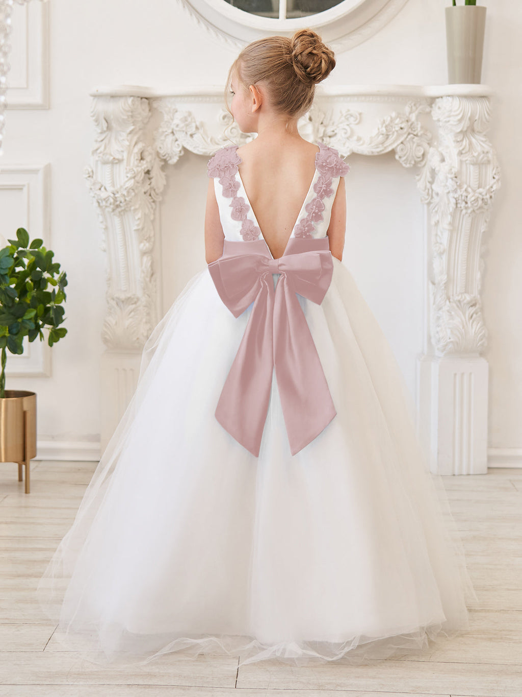Ballkleid/Princess-Linie 3D-Blumen Tüll Bodenlang Elfenbein Blumenmädchenkleid 