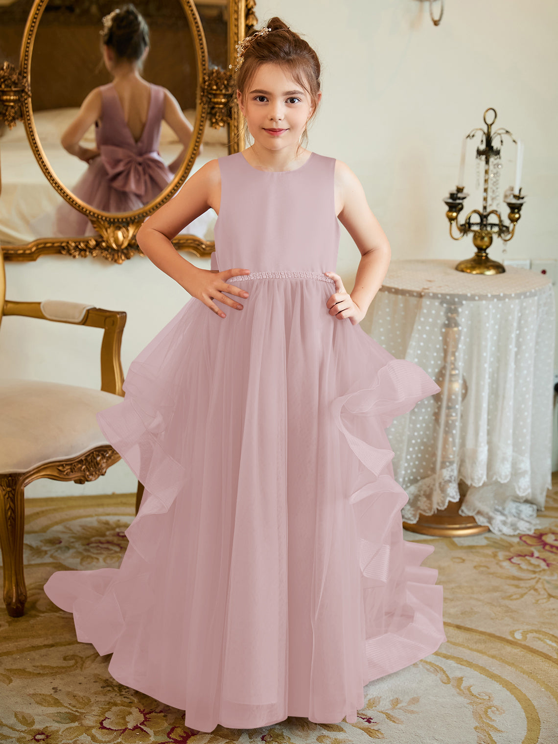 Duchesse-Linie/Princess-Linie Satin Tüll Bodenlang Blumenmädchenkleid 