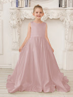 A-Line Princess Sleeveless Satin Flower Girl Dress with Sweep Train and Bow
