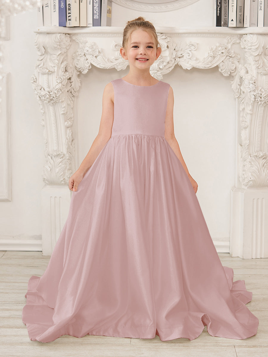 Vestido de niña de las flores de satén sin mangas, corte princesa, con cola larga y lazo