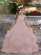 Vestido de niña de las flores de tul satinado con corte A y volantes en cascada hasta el suelo