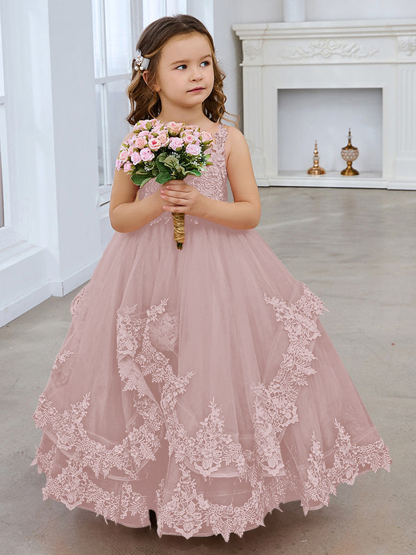 Ärmelloses Prinzessinnen-Tüllkleid mit Spitzenapplikationen und Schleppe für Mädchen