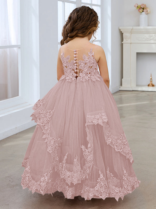 Ärmelloses Prinzessinnen-Tüllkleid mit Spitzenapplikationen und Schleppe für Mädchen